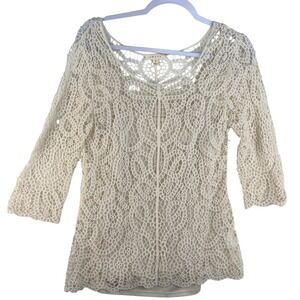 Adiva Cream Floral Crochet Lace 3/4 Sleeve Lined Boho Top B2B3934A770AN Small